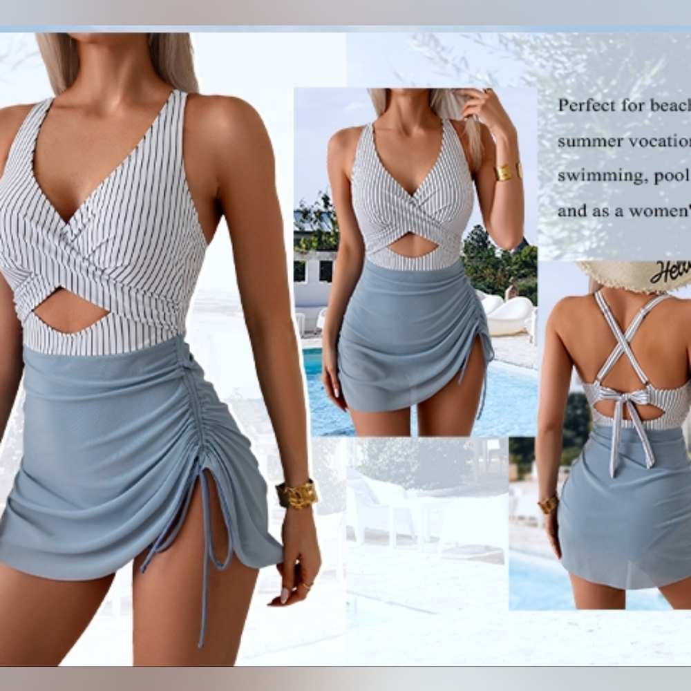 B2 PRITY New Striped Halter Swimsuit with Blue Skirt size M - Picture 3 of 16